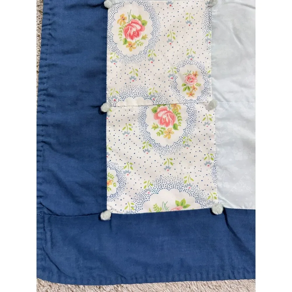 Vintage 1981 Handmade Floral Patchwork Tied Quilt Blue Pink 55x82